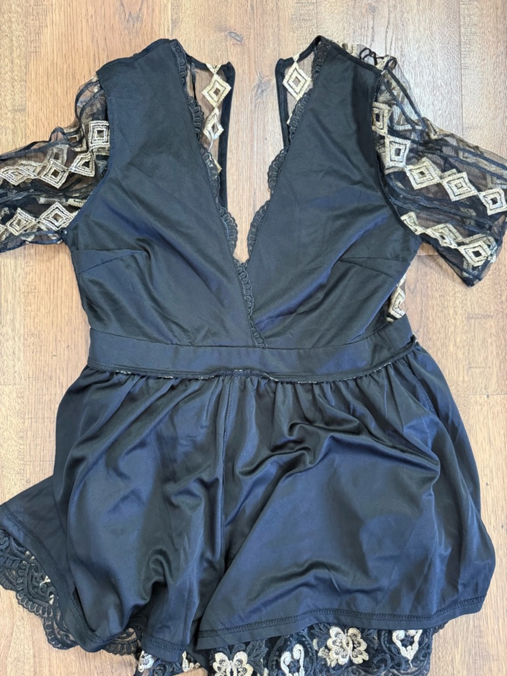 SWEET LEMON Black & Gold Embroidered Mesh Romper Lace Geometric size M - Picture 10 of 13